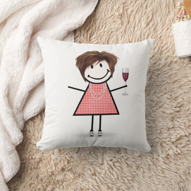 Stick Figure Girl With Wine Glass Throw Pillow (Blanket)
