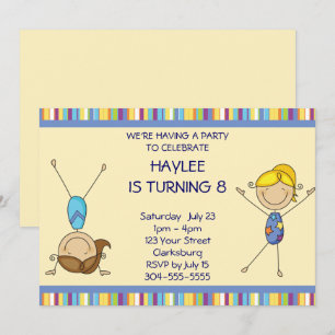 Stick Figure Girls Gymnastics Birthday Party Invitation