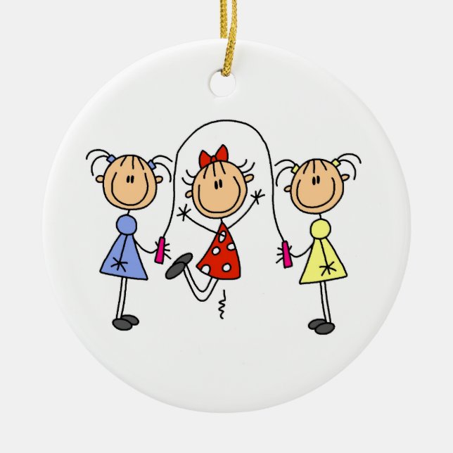 Stick Figure GIrls Jumping Rope Ceramic Ornament (Front)