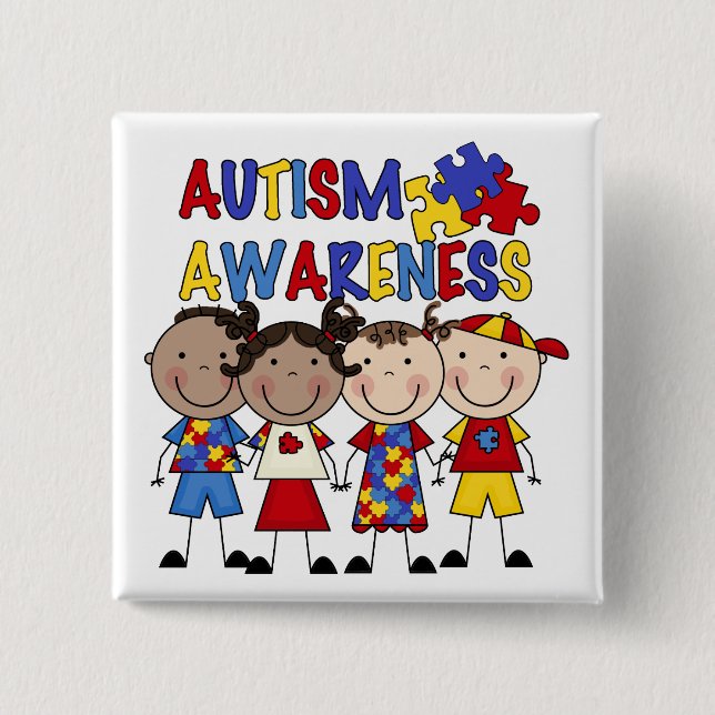 Stick Figure Kids Autism Awareness 2 Inch Square Button (Front)