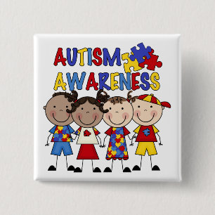 Stick Figure Kids Autism Awareness 2 Inch Square Button