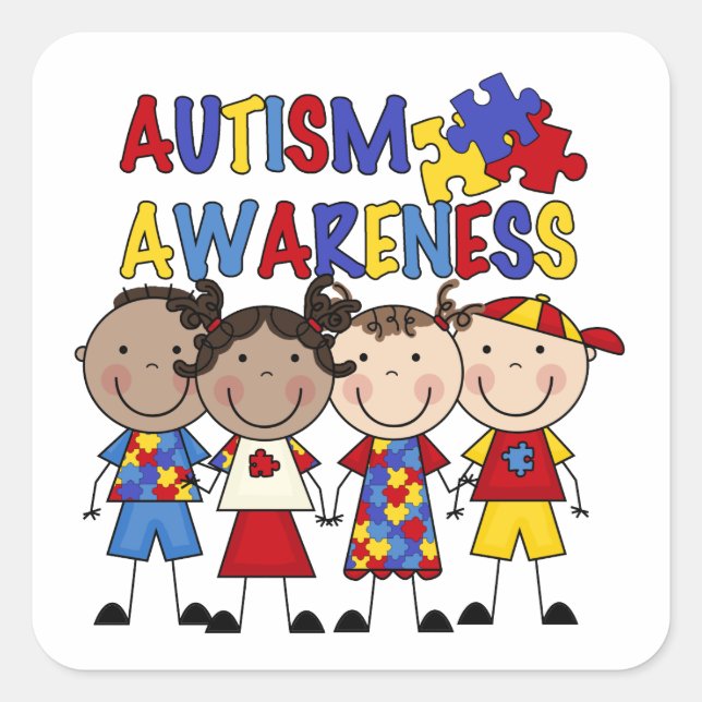 Stick Figure Kids Autism Awareness Square Sticker (Front)