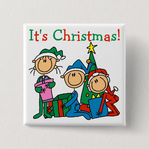 Stick Figure Kids It's Christmas Tshirts and Gifts 2 Inch Square Button