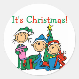 Stick Figure Kids It's Christmas Tshirts and Gifts Classic Round Sticker