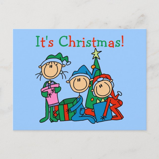 Stick Figure Kids It's Christmas Tshirts and Gifts Holiday Postcard (Front)