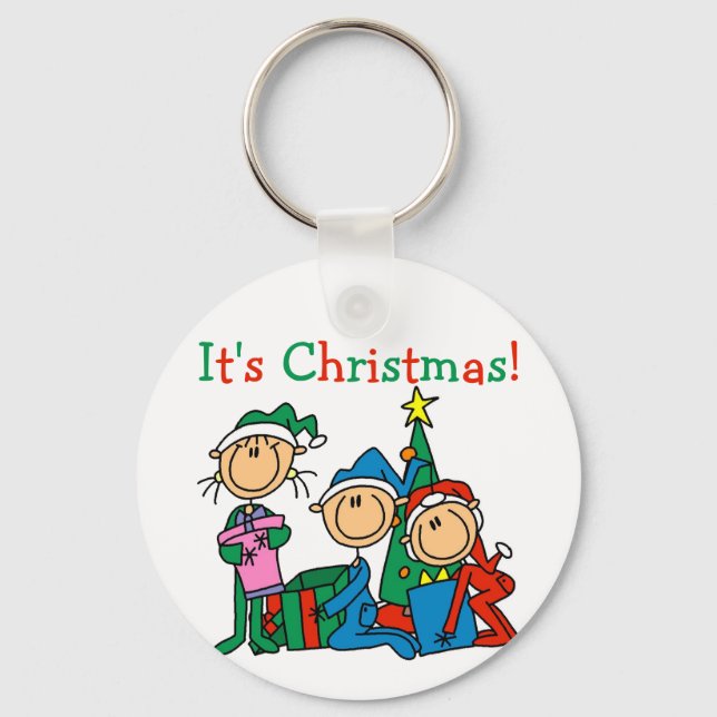 Stick Figure Kids It's Christmas Tshirts and Gifts Keychain (Front)