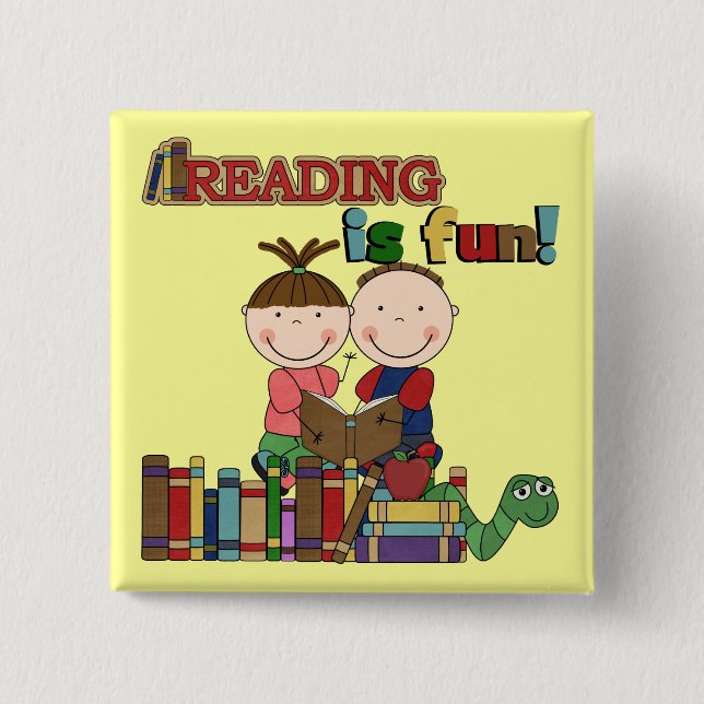 Stick Figure Kids Reading is Fun 2 Inch Square Button (Front)