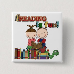 Stick Figure Kids Reading is Fun 2 Inch Square Button
