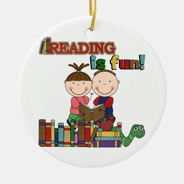 Stick Figure Kids Reading is Fun Ceramic Ornament (Front)