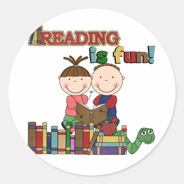 Stick Figure Kids Reading is Fun Classic Round Sticker (Front)