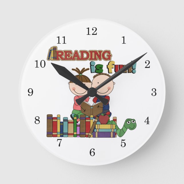 Stick Figure Kids Reading is Fun Round Clock (Front)
