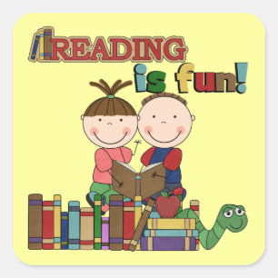 Stick Figure Kids Reading is Fun Square Sticker