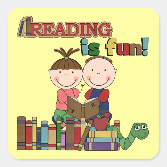 Stick Figure Kids Reading is Fun Square Sticker (Front)