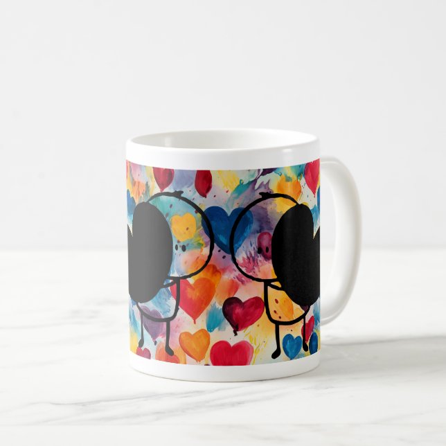 Stick Figure Love: Big Heart & Colourful Backgroun Coffee Mug (Front Right)