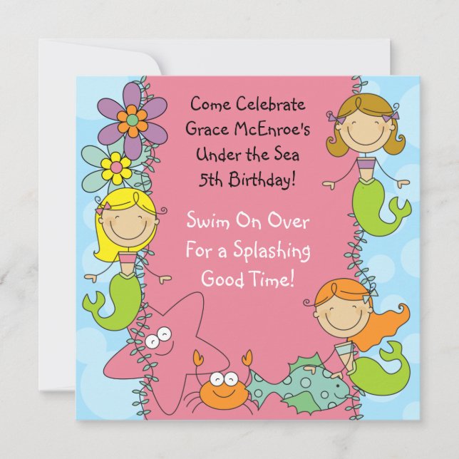 Stick Figure Mermaid Custom Birthday Invitation (Front)