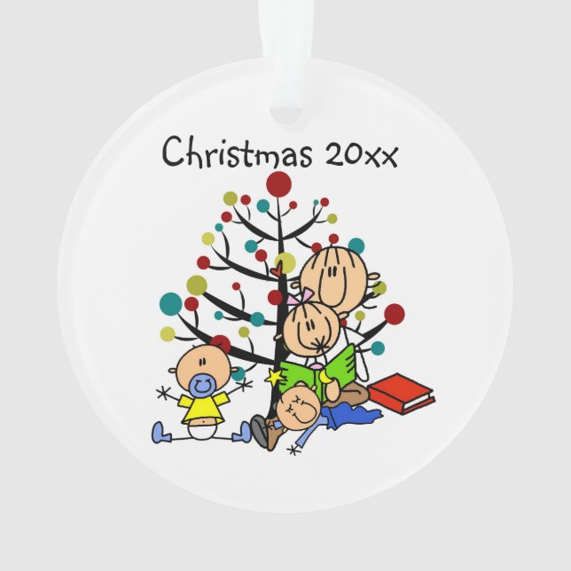 Stick Figure Mom Reading to Kids Acrylic Ornament (Back)