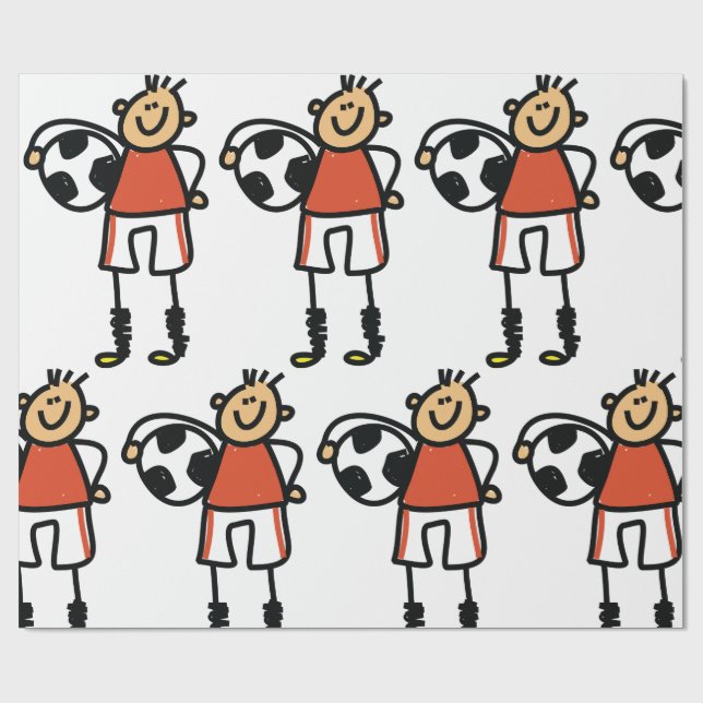 Stick Figure Soccer Boy Football Player Wrapping Paper (Flat)
