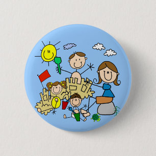 Stick Figures Family Beach Fun 2 Inch Round Button