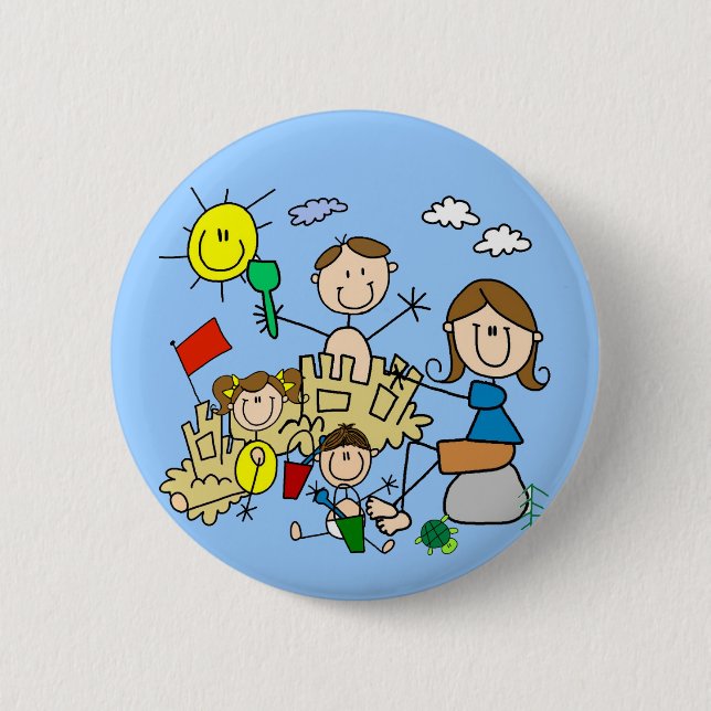 Stick Figures Family Beach Fun 2 Inch Round Button (Front)