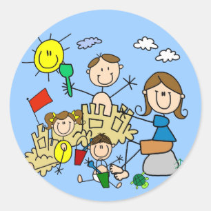 Stick Figures Family Beach Fun Classic Round Sticker