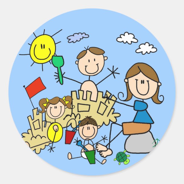 Stick Figures Family Beach Fun Classic Round Sticker (Front)