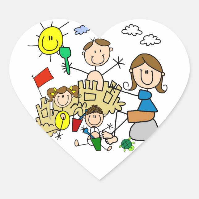 Stick Figures Family Beach Fun Heart Sticker (Front)
