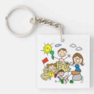 Stick Figures Family Beach Fun Keychain