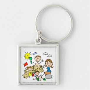 Stick Figures Family Beach Fun Keychain