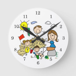 Stick Figures Family Beach Fun Round Clock
