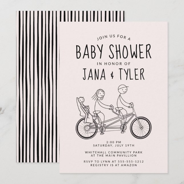 Stick figures on tandem bike with baby seat  invitation (Front/Back)