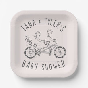 Stick figures on tandem bike with baby seat paper plate