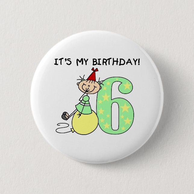 Stick Girl 6th Birthday 2 Inch Round Button (Front)