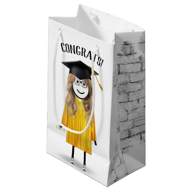 Stick Girl Graduate with Black Cap and Diploma  Small Gift Bag (Front Angled)