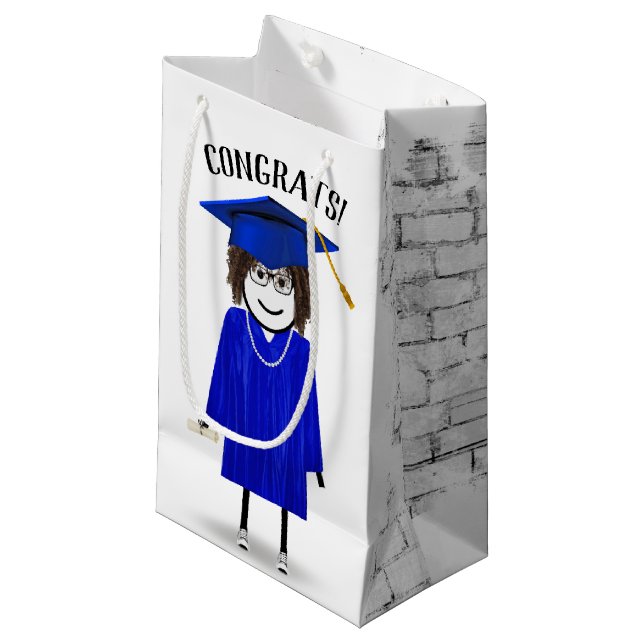 Stick Girl Graduate with Blue Cap and Diploma   Small Gift Bag (Front Angled)