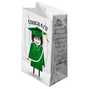 Stick Girl Graduate with Green Cap and Diploma  Small Gift Bag