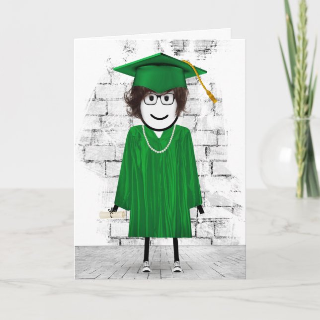 Stick Girl Graduate with Hair and Diploma   Card (Front)