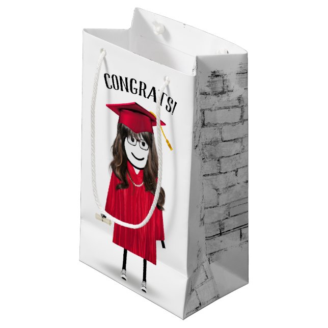Stick Girl Graduate with Red Cap and Diploma   Small Gift Bag (Front Angled)