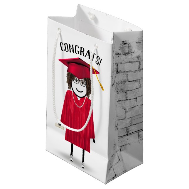Stick Girl Graduate with Red Cap and Diploma Small Gift Bag (Front Angled)