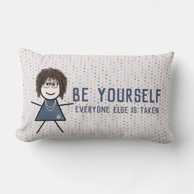 Stick Girl in Denim Dress with Quote Lumbar Pillow (Front)