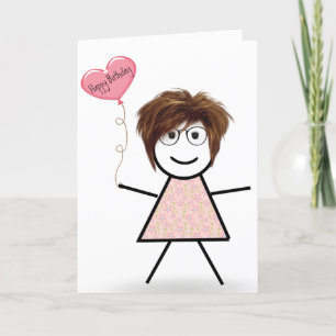 Stick Girl with Birthday Heart Balloon  Card
