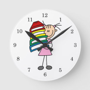 Stick Girl With Books Round Clock