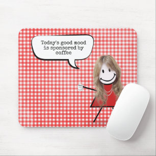 Stick Girl With Coffee Mug on Gingham  Mouse Pad
