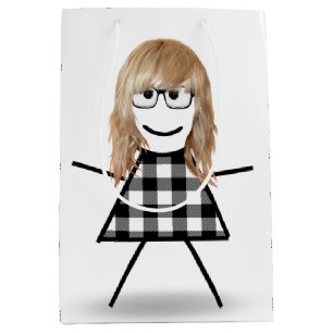 Stick Girl with Hair and Buffalo Plaid Medium Gift Bag