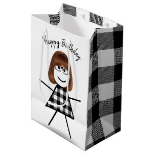 Stick Girl with Hair and Buffalo Plaid Pattern  Medium Gift Bag