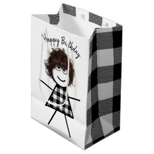 Stick Girl with Hair and Buffalo Plaid Pattern   Medium Gift Bag