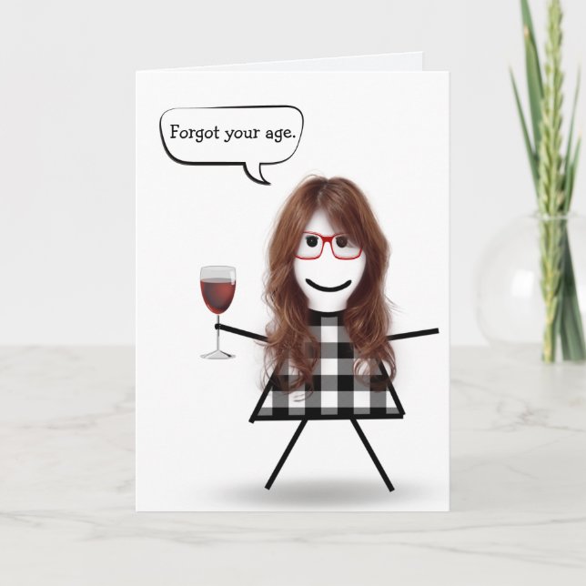 Stick Girl with Red Wine Belated Birthday Card (Front)