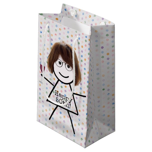 Stick Girl with Wine for 50th Birthday   Small Gift Bag (Front Angled)