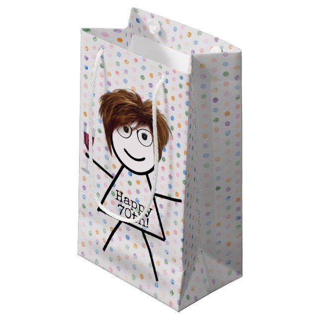 Stick Girl with Wine for 70th Birthday Small Gift Bag (Front Angled)