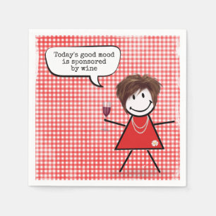 Stick Girl With Wine Glass On Gingham Napkin
