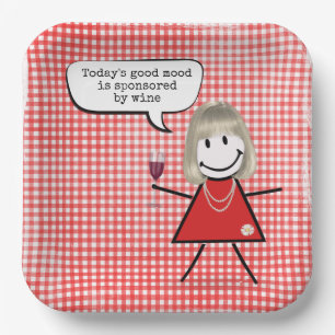 Stick Girl With Wine Glass On Gingham Paper Plate
